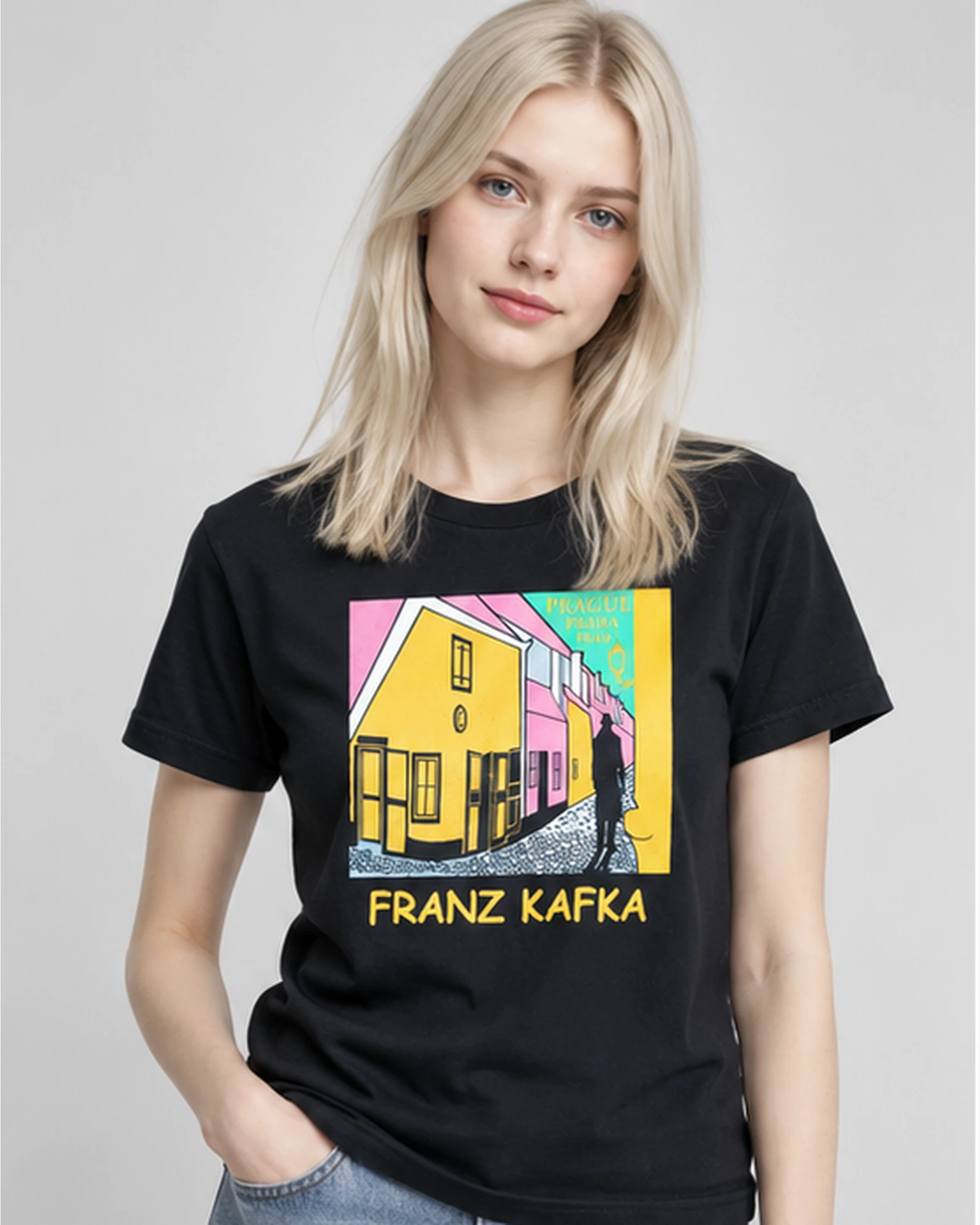 Jovem usando a camiseta Franz Kafka